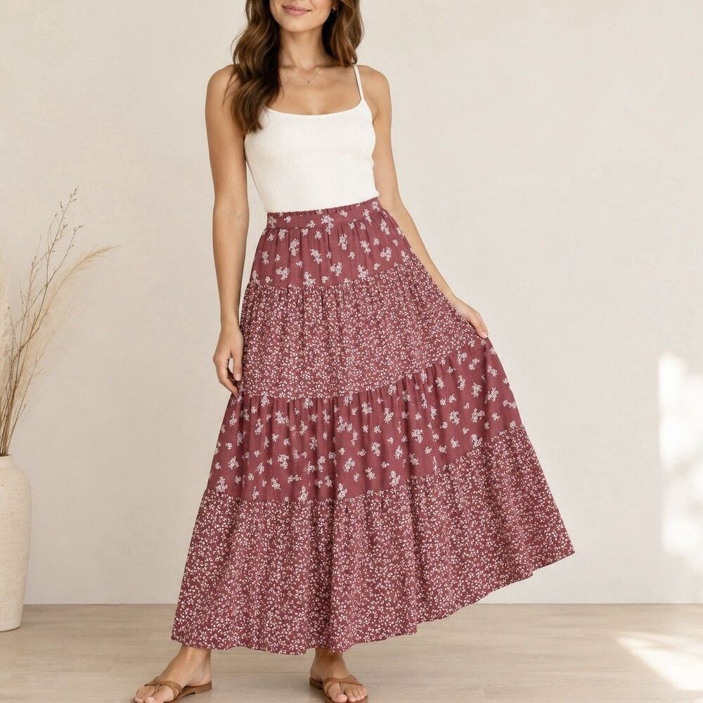 Sincerely Jules Maxi Skirt Large Pink Floral Tiered Boho Rayon Lined Cottagecore